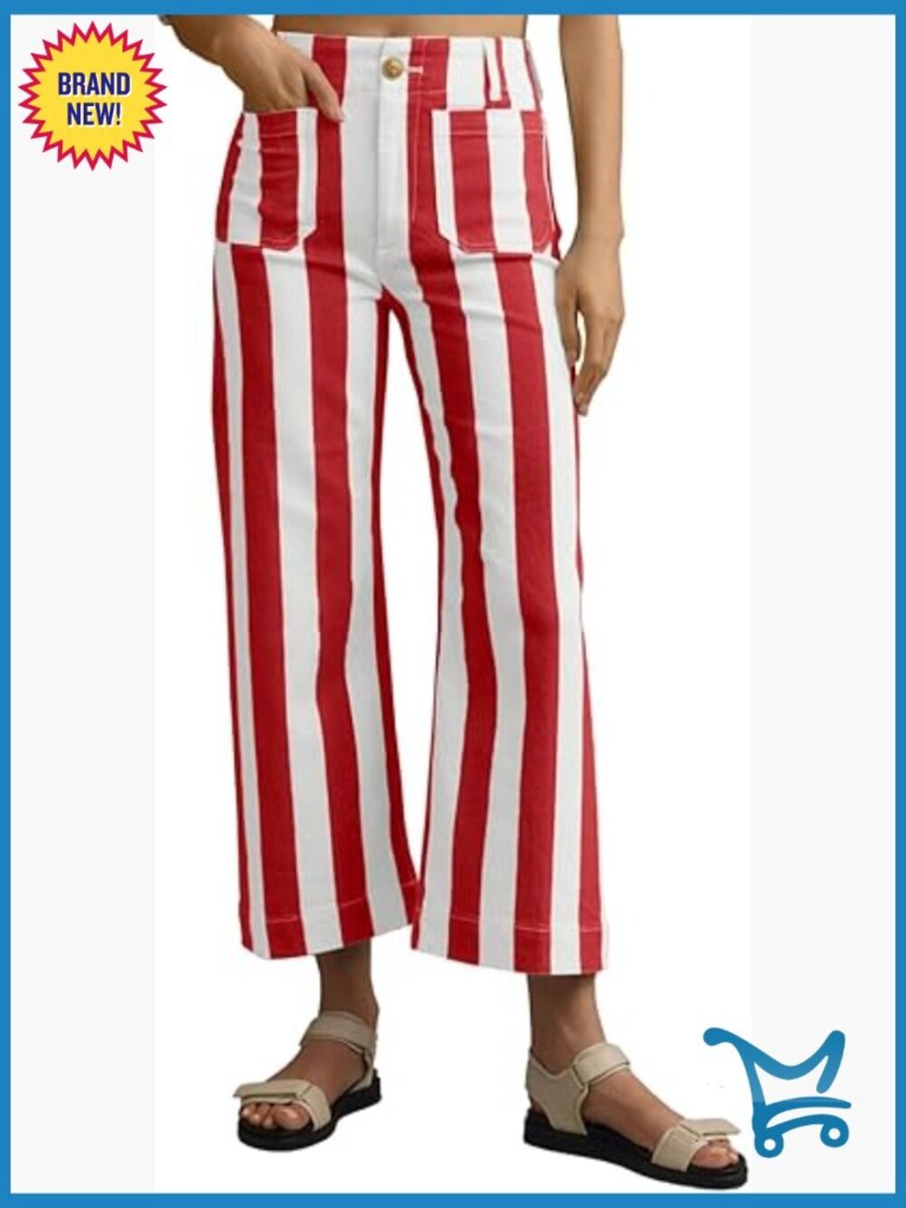 Cropped Striped Straight Leg Jeans High Waisted Stretchy Denim Pockets
